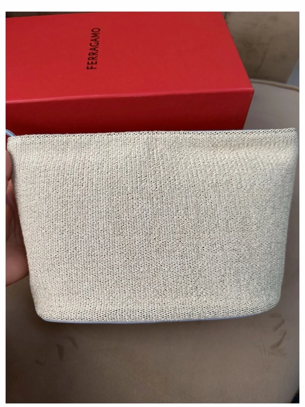 Salvatore Ferragamo Natural Canvas Pouch with Light Blue Logo